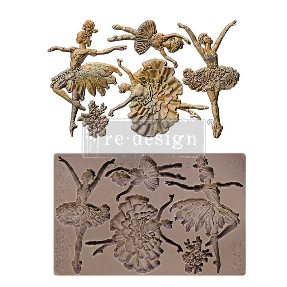 A product image showing a silicone mould and finished castings of elegant ballerina figures. The top half displays four ornate ballet dancer embellishments in metallic gold and bronze finishes, each posed gracefully with detailed tutus and floral accents. Below them is the flexible brown silicone mould used to create the pieces, featuring recessed cavities shaped like the dancers and decorative floral elements. The style is theatrical, vintage-inspired, and highly decorative, suitable for furniture art, mix