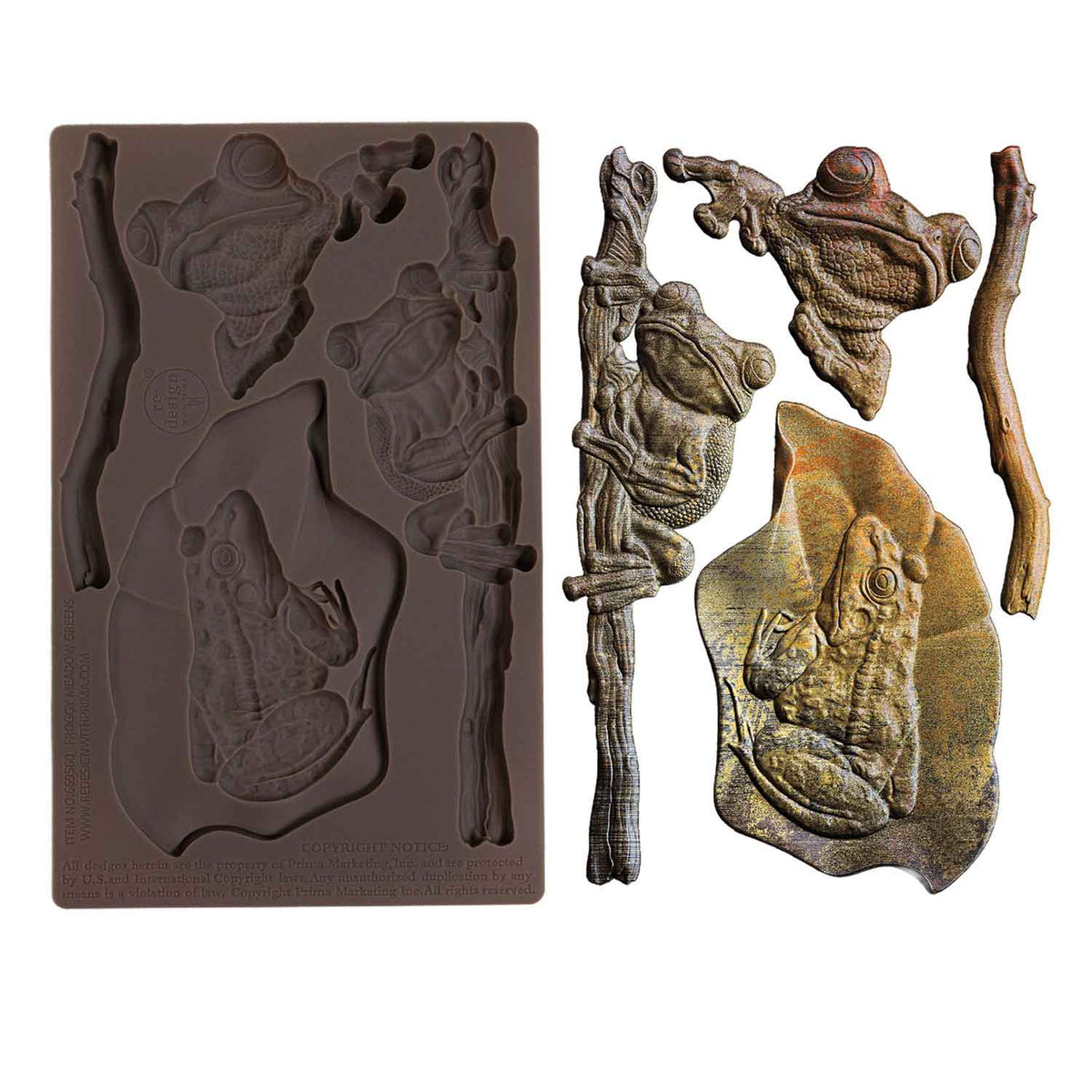 A side-by-side product display shows a brown silicone décor mold on the left and several finished frog-themed castings on the right against a clean white background. The mold contains detailed impressions of frogs perched on branches and lily pads, along with separate twig elements. The completed castings are finished in antique metallic earth tones with realistic texture and shading. One frog clings vertically to a tree branch with its limbs wrapped around the bark, another frog appears mid-climb with larg