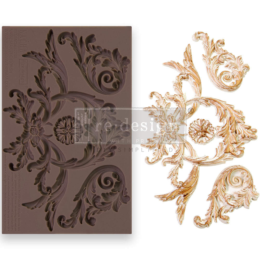 A decorative silicone mould featuring ornate baroque-style scrollwork and floral flourishes alongside finished cast embellishments in a metallic gold finish. The left side shows the flexible brown mould with deeply carved swirling leaf and floral patterns, while the right side displays the completed appliqué pieces with raised dimensional detailing and elegant curves. The design has a luxurious European-inspired aesthetic commonly used for furniture upcycling, wall décor, frames, and mixed-media craft proje