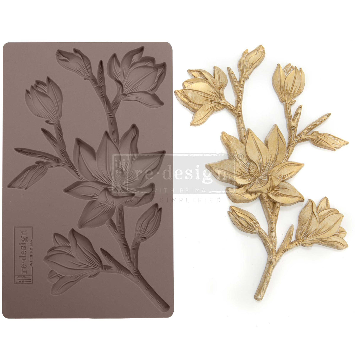 A product-style image displays a silicone décor mould alongside a finished cast floral embellishment. On the left is a rectangular flexible silicone mould in a muted taupe-brown color, featuring recessed impressions of a flowering magnolia branch with multiple blossoms and buds. The mould includes detailed petal textures and branching stems.