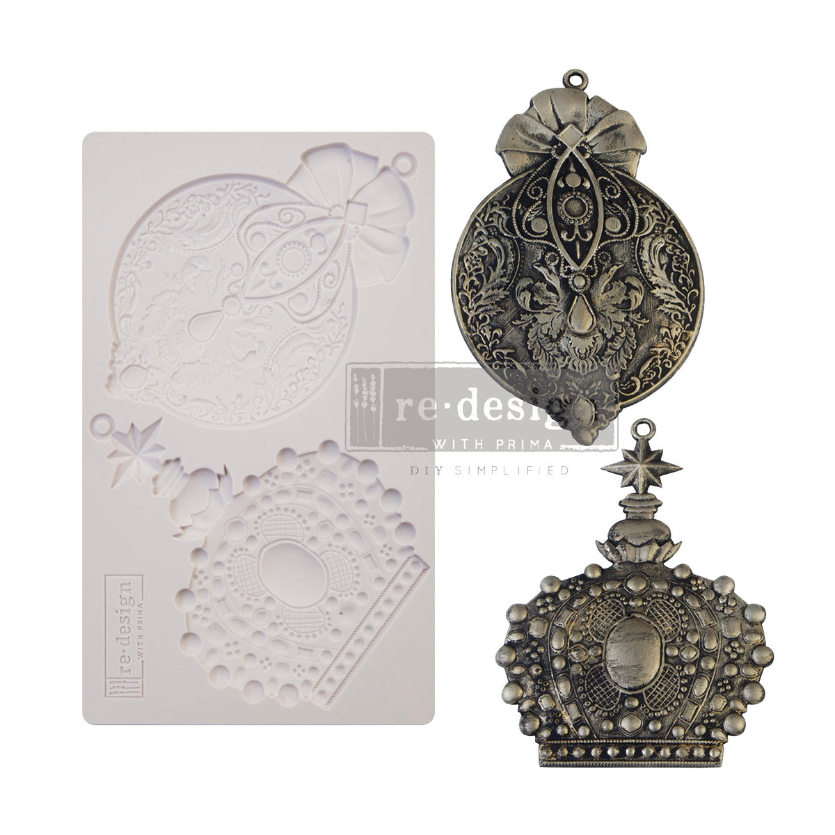 A side-by-side product image displays a decorative silicone mould on the left and two finished ornamental hanging decorations on the right.