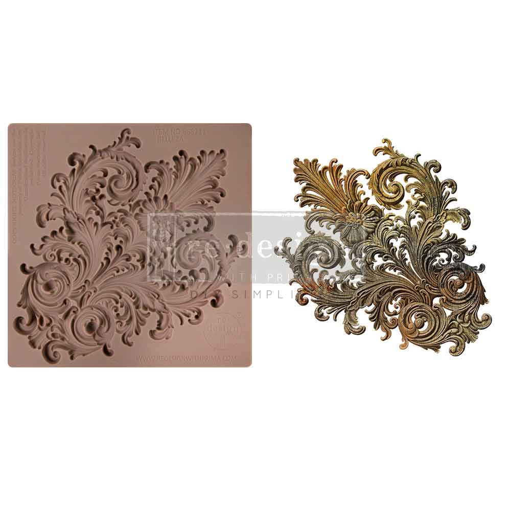 A side-by-side product image displays a decorative silicone mould on the left and its finished cast embellishment on the right.