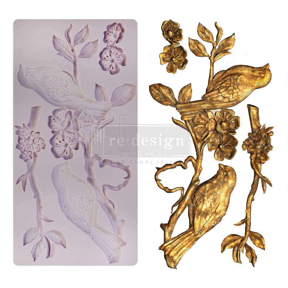 A side-by-side product image showcases a decorative silicone mould on the left and the finished cast embellishments on the right.