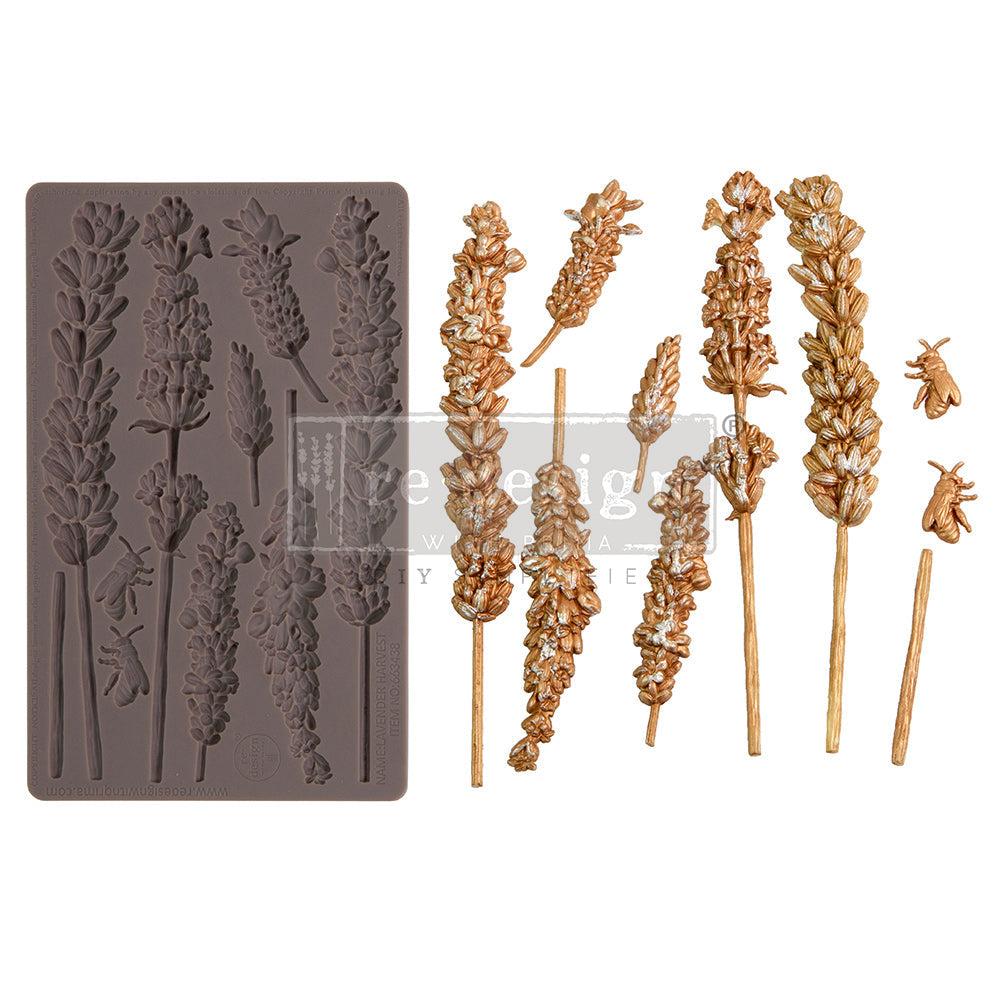 A botanical-themed silicone mould and matching cast embellishments featuring detailed lavender stems and small bees. On the left is a flexible brown mould with recessed floral designs, while the right side displays finished cast pieces in a metallic gold finish. The embellishments include multiple varieties of lavender sprigs with textured petals and slender stems, accompanied by tiny bee accents. The overall style is elegant, nature-inspired, and suitable for furniture décor, mixed-media art, resin crafts,