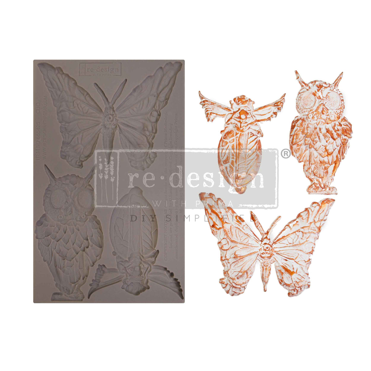 A decorative silicone mould set featuring woodland-inspired embellishments. On the left is a flexible gray mould with cavities shaped like a butterfly, owl, and winged insect. On the right are finished cast pieces in a copper-gold metallic finish, including a detailed owl with textured feathers, a beetle-like insect with spread wings, and two ornate butterflies. The designs have a fantasy-inspired, antique aesthetic commonly used in furniture upcycling, mixed-media art, and DIY home décor projects.
