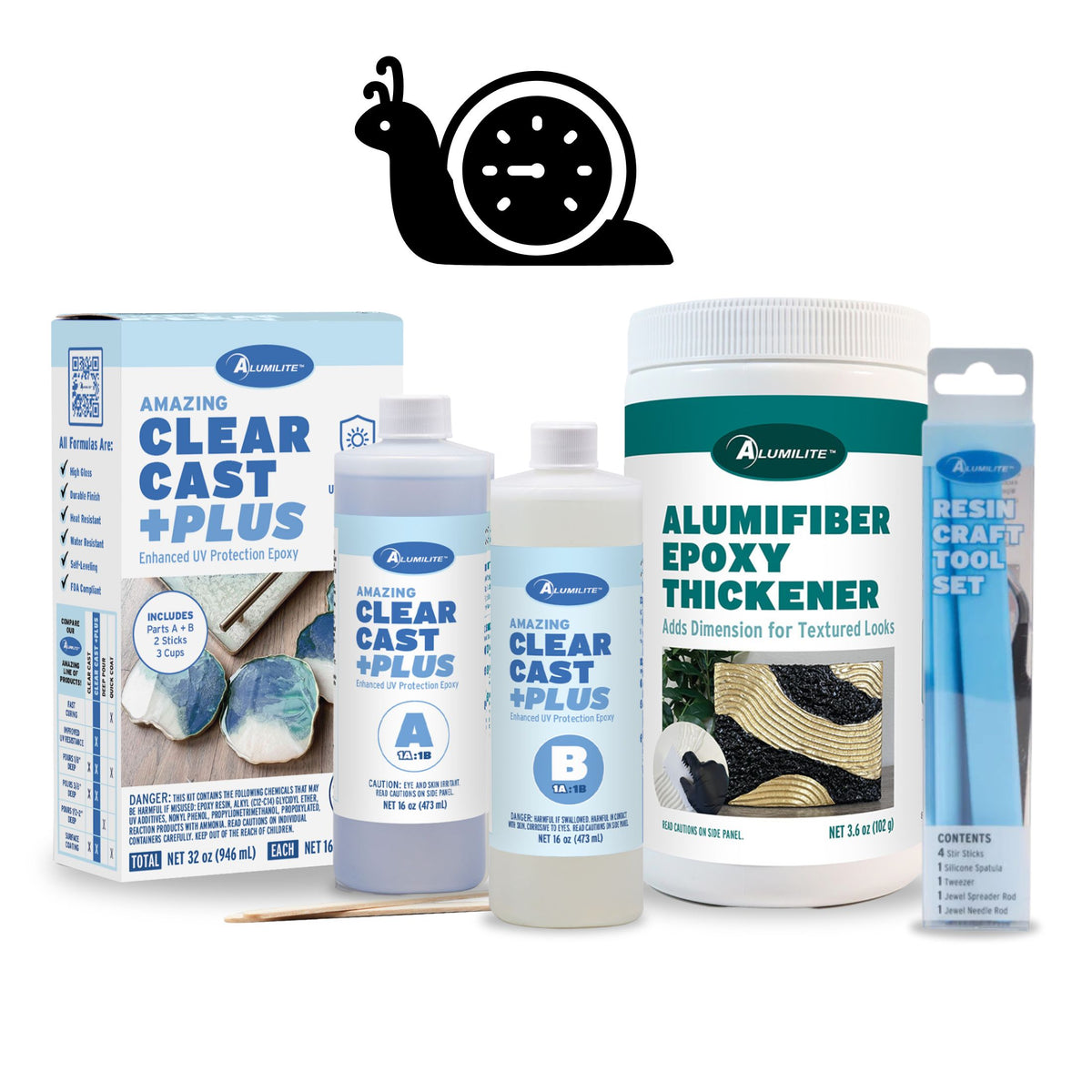 Alumilite Clear Cast Plus epoxy kit with Part A and Part B bottles, AlumiFiber Epoxy Thickener, and resin craft tool set, designed for creating textured resin art, dimensional effects, and UV-resistant epoxy projects with extended working time.