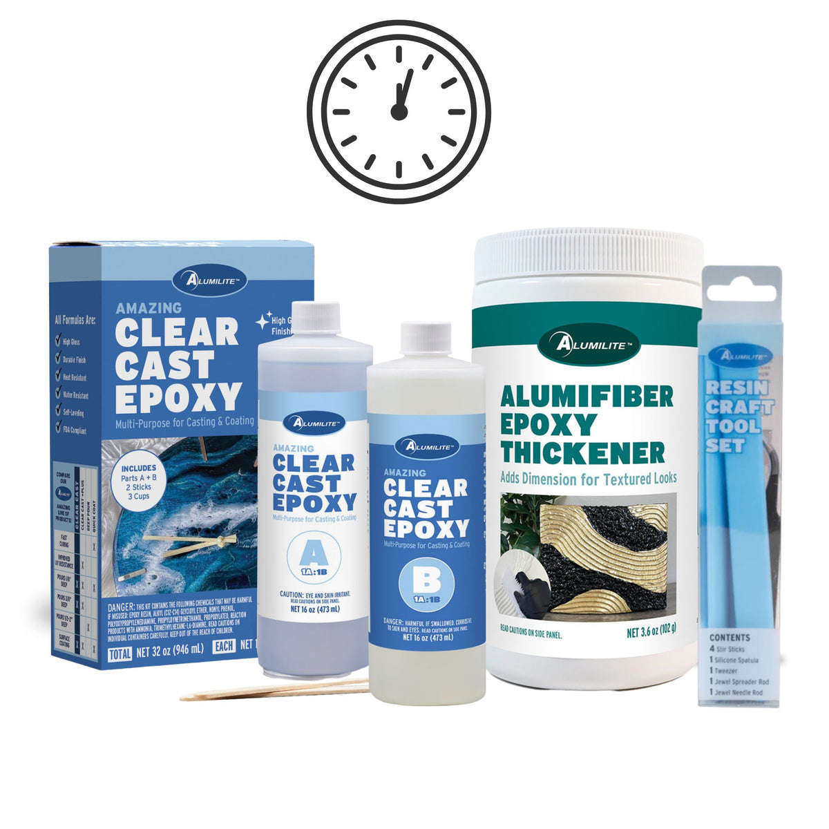 Alumilite Quick Coat Epoxy kit with Part A and Part B bottles, AlumiFiber Epoxy Thickener, and resin craft tool set, designed for creating textured epoxy finishes, dimensional effects, and fast-curing resin art and craft projects.