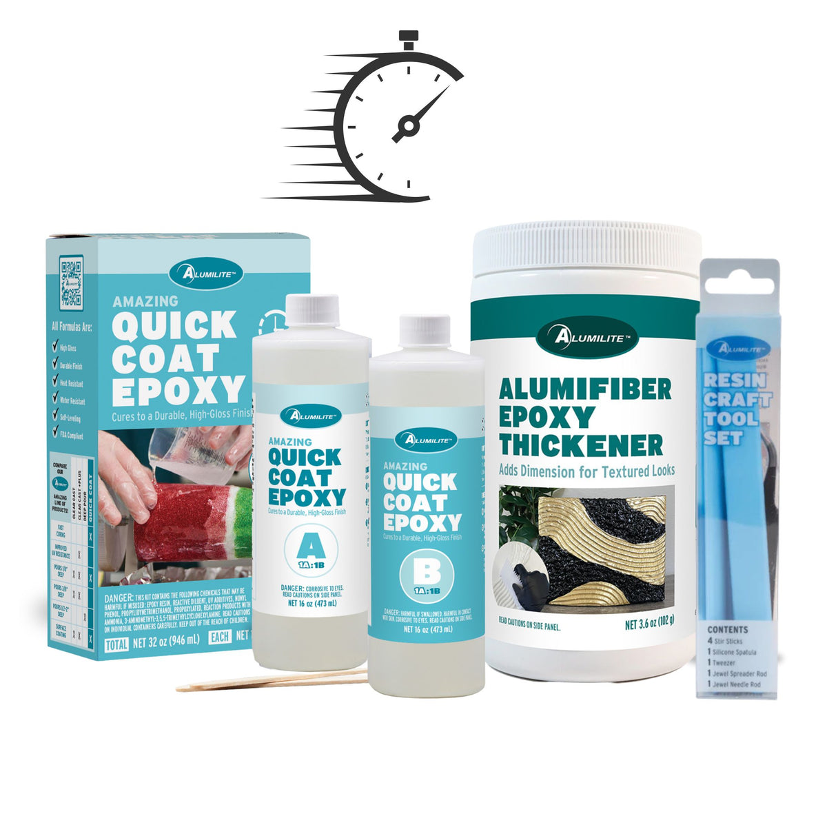Alumilite Quick Coat Epoxy kit with Part A and Part B bottles, AlumiFiber Epoxy Thickener, and resin craft tool set, designed for creating textured epoxy finishes, dimensional effects, and fast-curing resin art and craft projects.