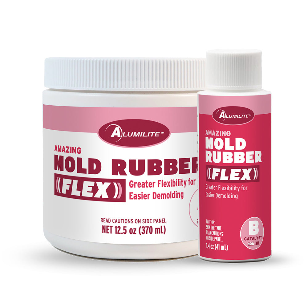 Alumilite Amazing Mold Rubber Flex silicone mold-making kit featuring Base A and Catalyst B components, designed to provide greater flexibility for easier demolding while capturing fine details in molds for resin, wax, soap, plaster, and concrete casting projects