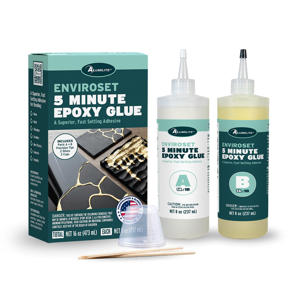 Alumilite EnviroSet 5 Minute Epoxy Glue kit featuring Part A and Part B bottles, mixing cups, stir sticks, and product box for fast-setting, high-strength bonding of wood, metal, ceramics, stone, and other craft or repair projects.