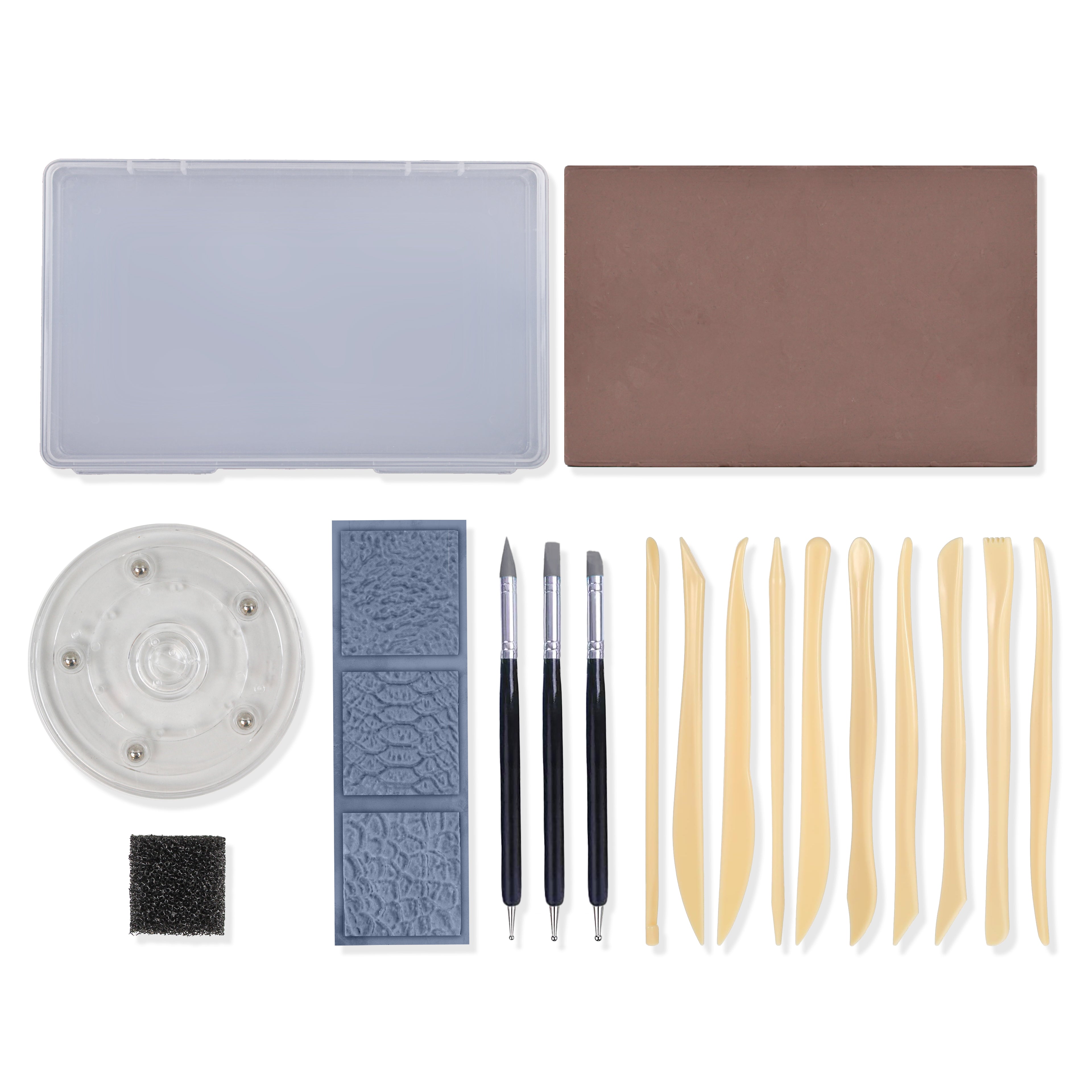 Complete pottery and clay sculpting tool kit with wooden carving tools, metal stylus tools, textured stamps, sponge, sanding pad, and storage case arranged on a light gray background.