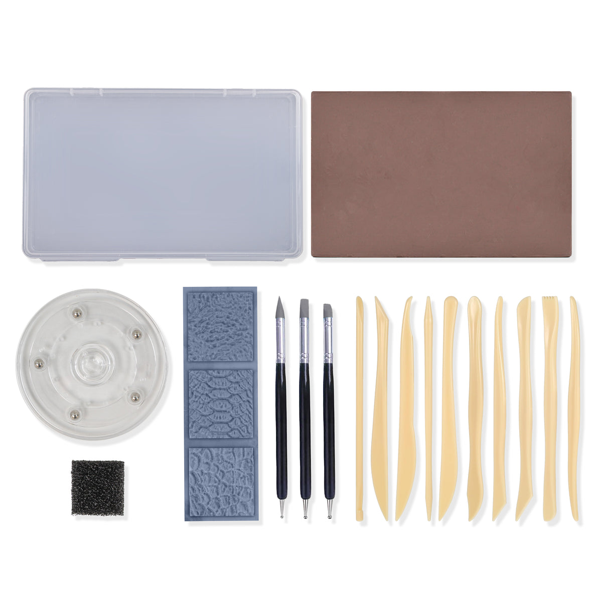 Complete pottery and clay sculpting tool kit with wooden carving tools, metal stylus tools, textured stamps, sponge, sanding pad, and storage case arranged on a light gray background.