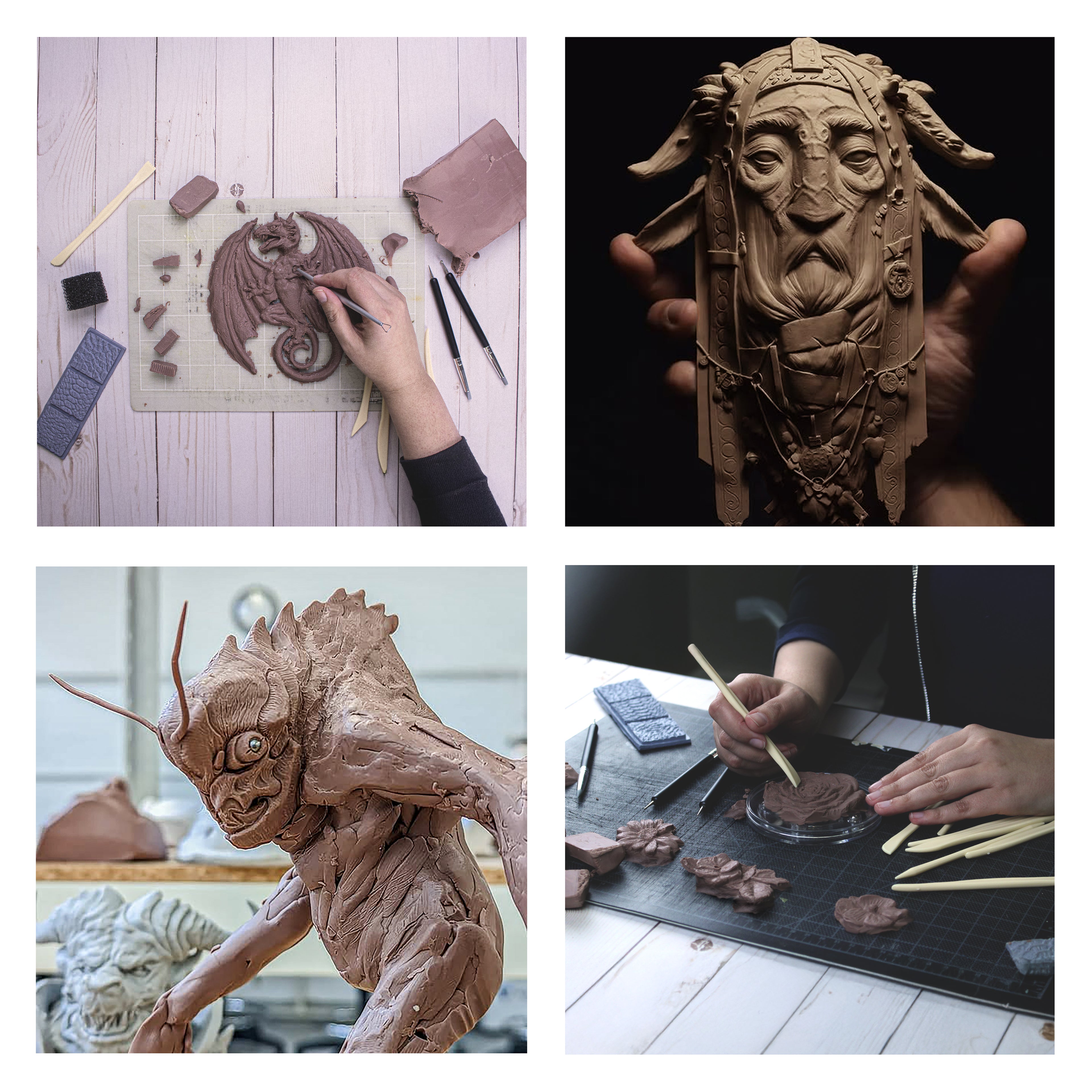 Collage of ceramic art creation process with various stages of sculpture.