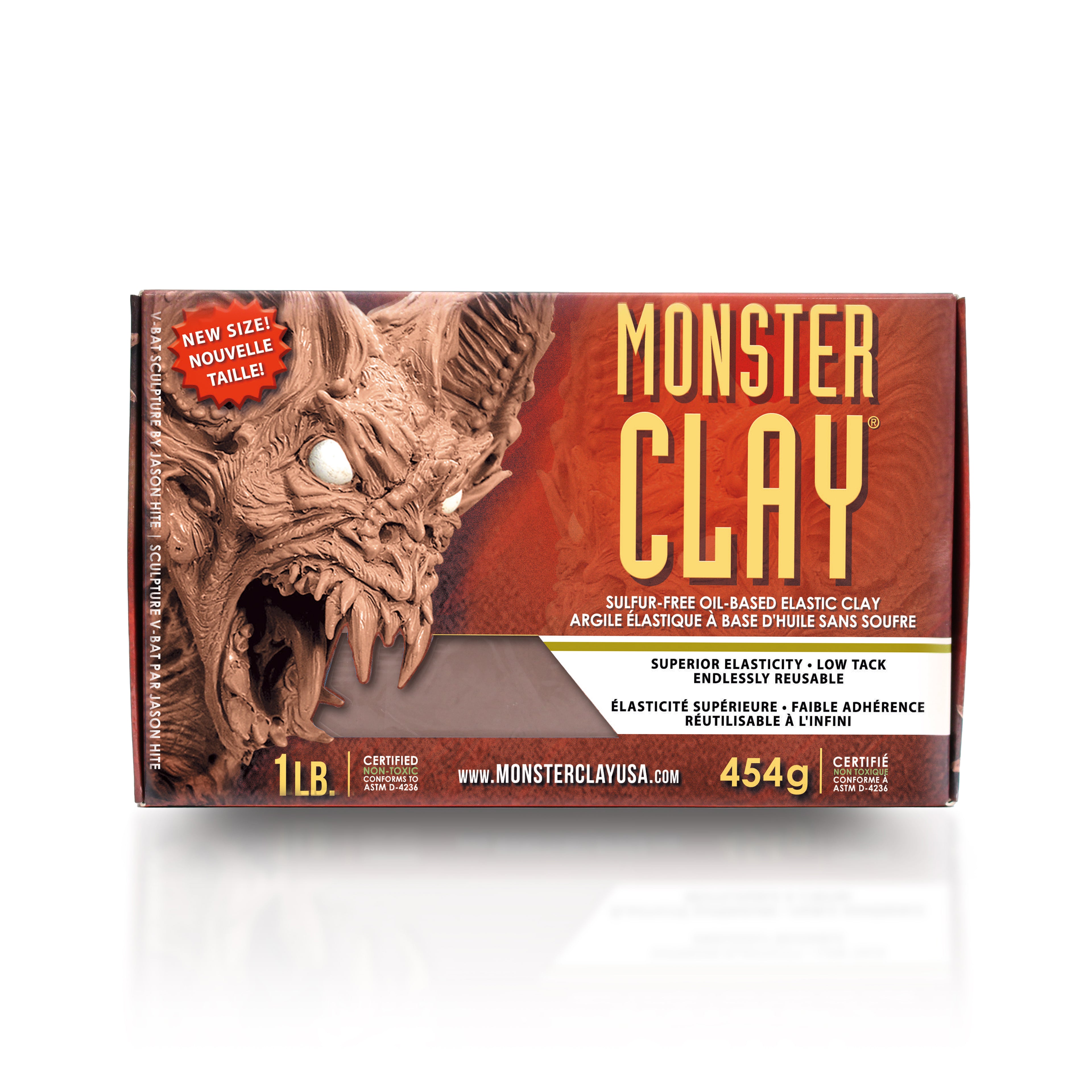 Monster Clay sulfur-free oil-based sculpting clay, 1 lb (454 g), in retail packaging with a detailed monster creature illustration and bold orange and yellow branding on the front.