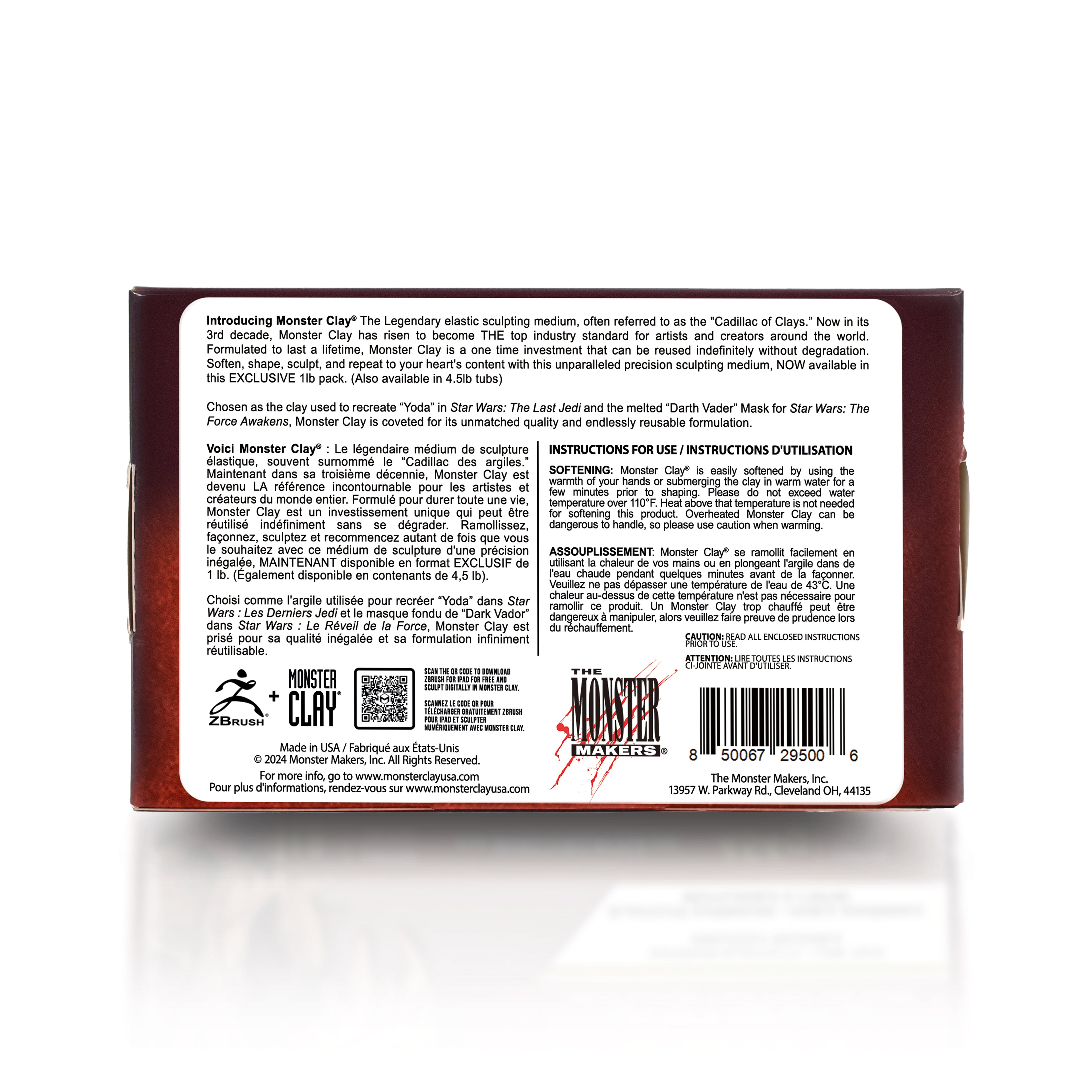 Back of Monster Clay sculpting clay packaging featuring product description, usage instructions, barcode, QR code, and manufacturer information on a dark red and black background.