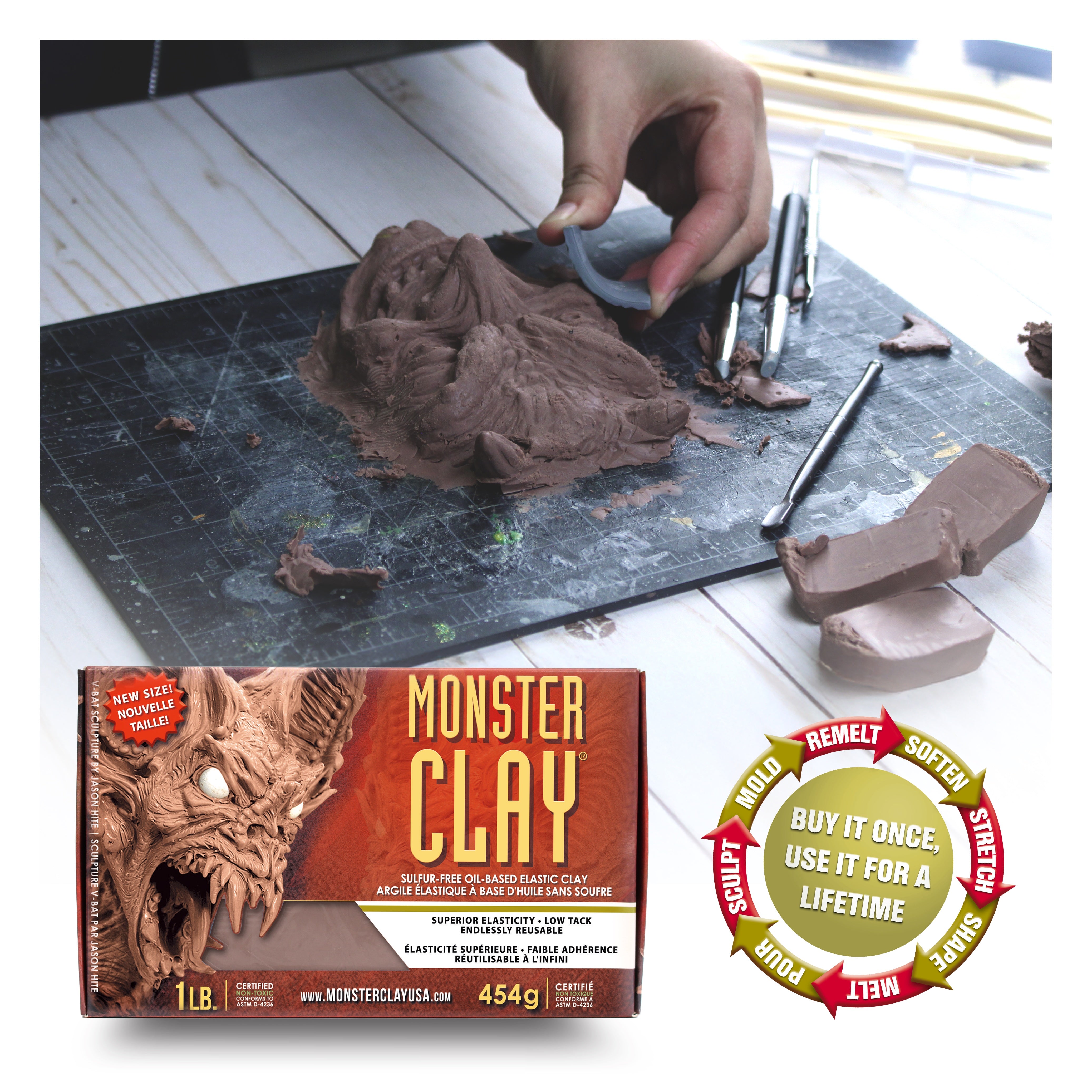 Artist sculpting a creature model with brown Monster Clay on a cutting mat using sculpting tools, with Monster Clay packaging and product benefits graphic displayed in the foreground.