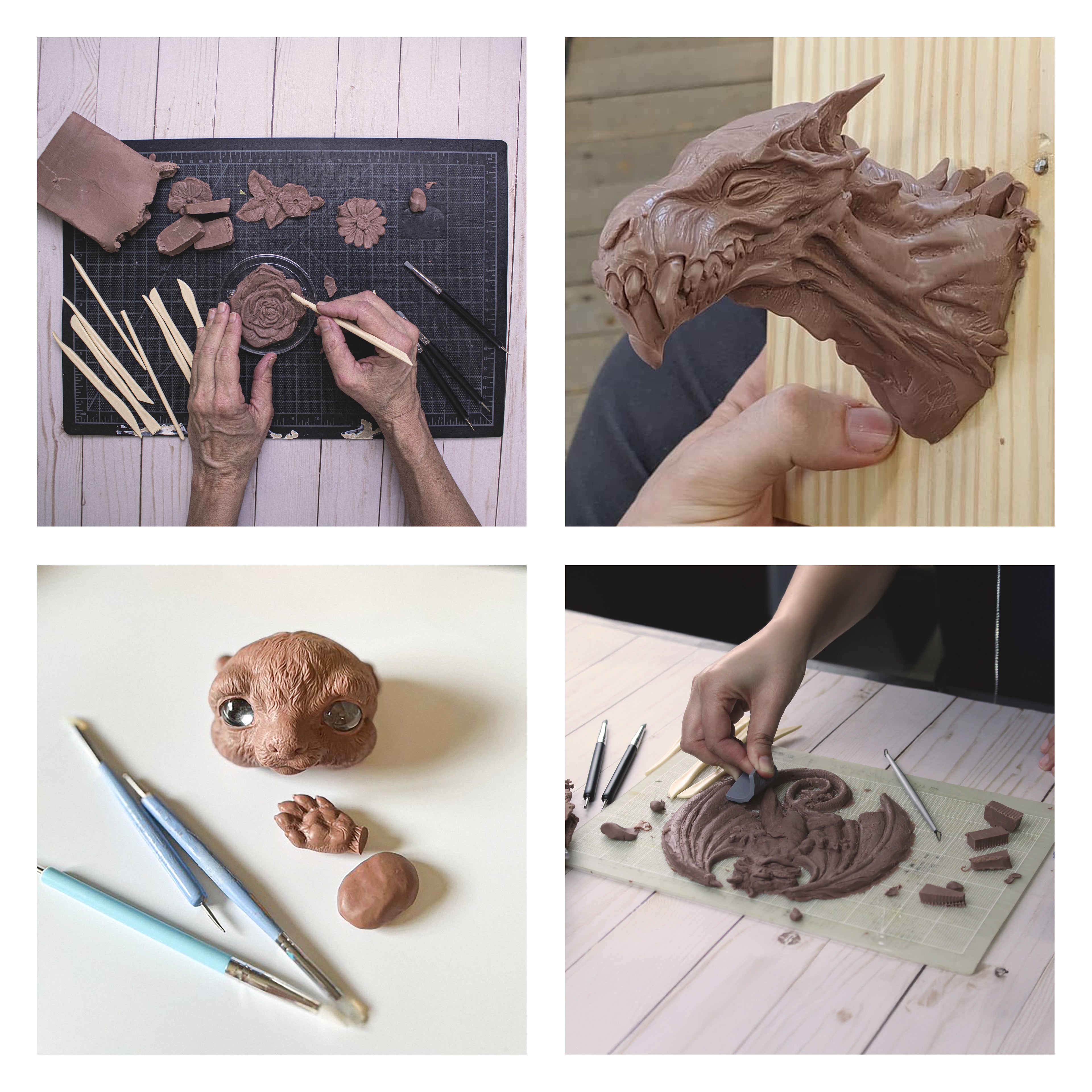 Collage of clay sculpting projects and techniques featuring hands carving brown modeling clay, a detailed dragon head sculpture, small character parts with sculpting tools, and an artist shaping a clay relief design on a work surface.