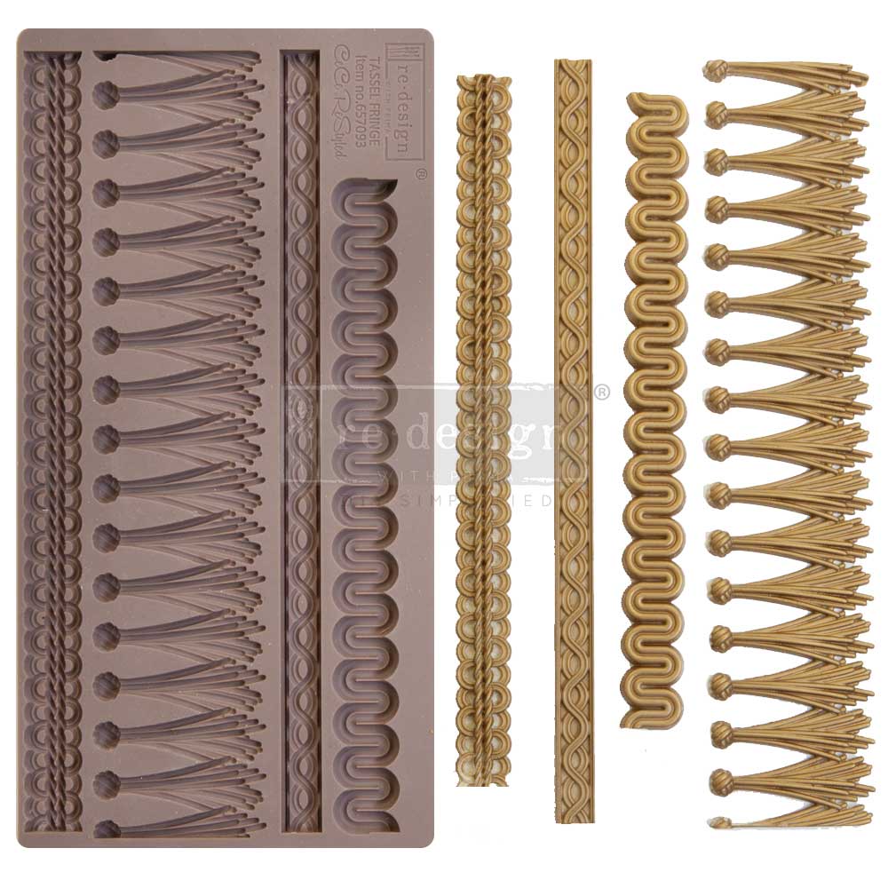 Silicone decorative trim mould featuring multiple ornate border and fringe patterns, displayed alongside finished metallic gold cast examples including braided trims, looping ribbon motifs, and tassel-style edging for furniture and craft embellishments.