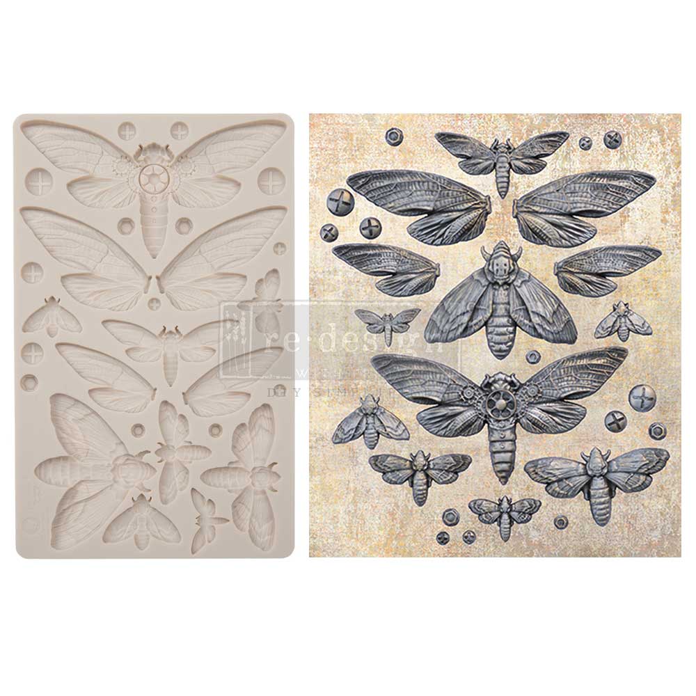 Side-by-side display of a silicone insect mould and matching gothic-style moth artwork sheet featuring detailed nocturnal insects, including moths, bees, and mechanical-inspired winged designs in a vintage black-and-cream aesthetic.