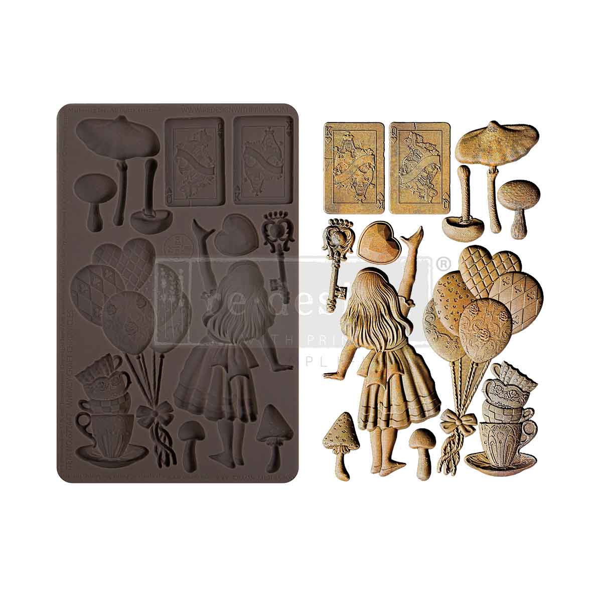 A side-by-side product display shows a dark brown silicone craft mould on the left and matching finished embellishments on the right. The mould contains whimsical “Alice in Wonderland”-inspired shapes, including mushrooms, playing cards, a teacup, balloons, a heart, a vintage key, and a girl figure. The finished cast pieces on the right are painted in antique gold tones with detailed textures and shading. The centerpiece is a girl with long hair in a dress walking away while holding a heart-shaped balloon. 