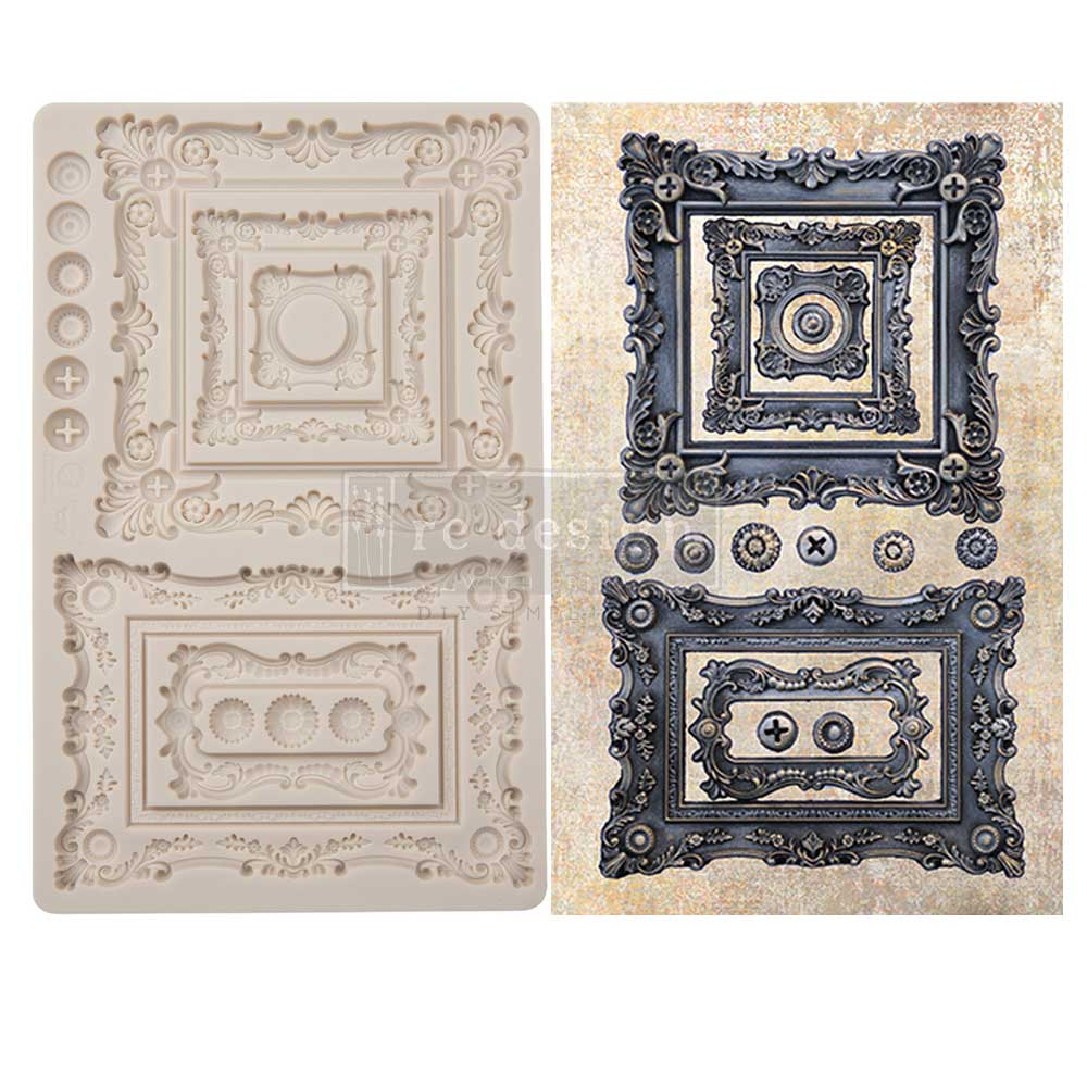 Side-by-side product display showing a silicone mould for ornate baroque-style frames and the finished cast examples in a dark metallic finish. The mould includes decorative square and rectangular frames with elaborate scrollwork, floral corners, and small circular embellishments. The finished pieces resemble antique architectural accents or miniature decorative plaques with layered vintage detailing.