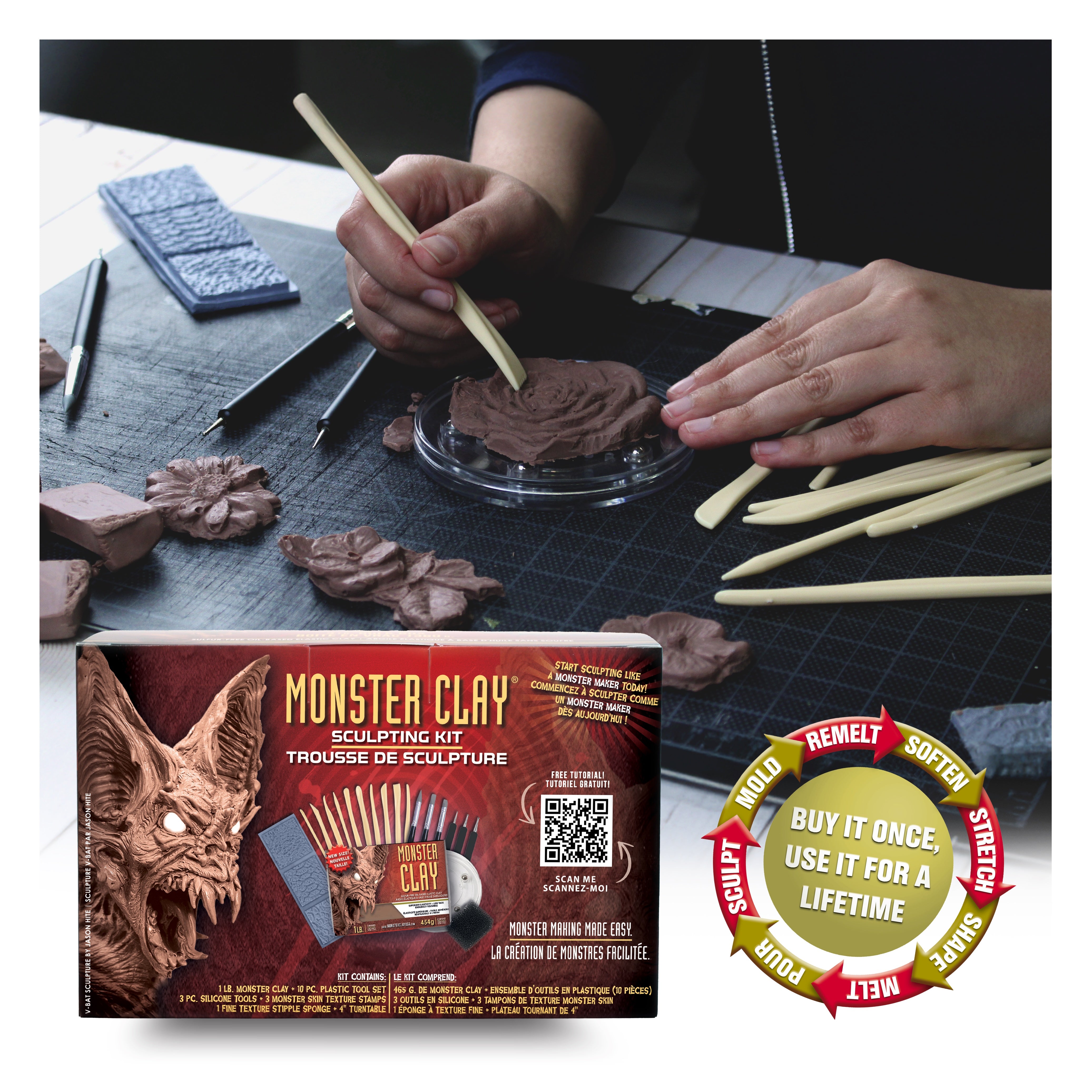 Monster Clay sculpting kit with hands working with clay on a table